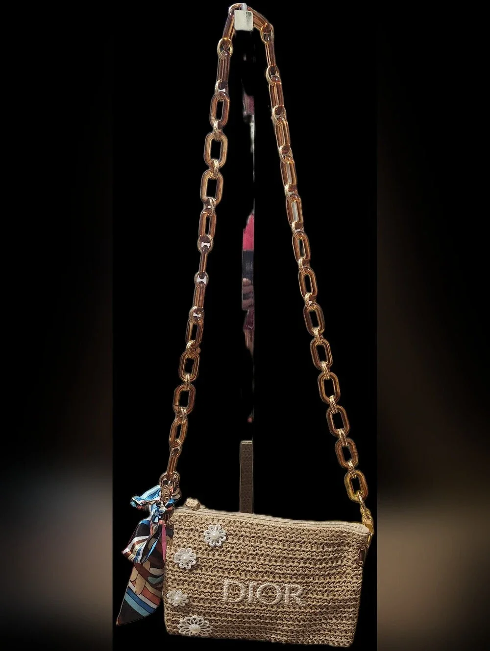 Dior Straw Crossbody Bag in Brown with Floral Embellishments